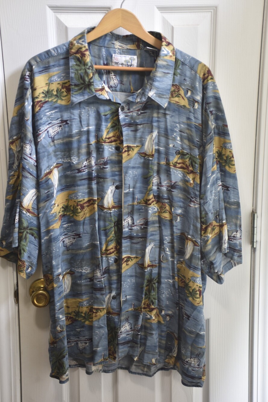 VTG Monticerutti Blue Hawaiian Boat and Island Print Rayon Shirt sz3XL LSC023